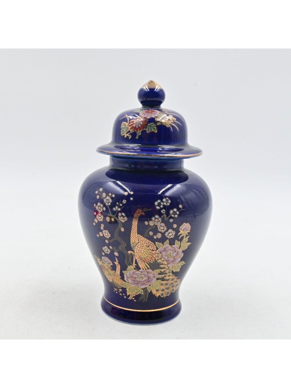 Japan Cobalt Blue  Peacock Floral Porcelain Ginger Jar Lid Gold Vintage Vase 6"
